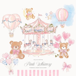 May include: Watercolour illustration of a pink carousel with teddy bears, hearts, and hot air balloons. The text "Pink Whimsy" and "Whimsical Teddy Collection" is below the carousel.