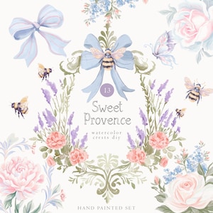 Écusson floral aquarelle DIY - écusson lavande de Provence et abeilles - fleurs pastel - vintage - écusson grand millénaire - clipart floral