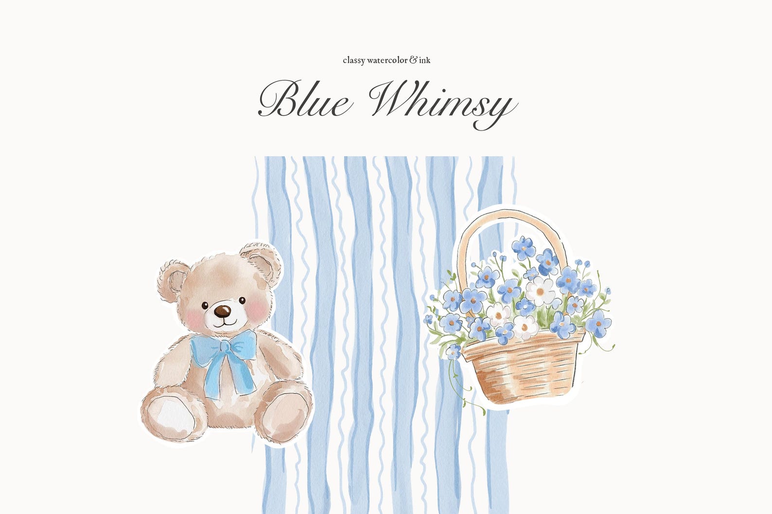 Whimsical Blue Watercolor & Ink Teddy Bear Clipart - Carousel Clipart ...