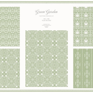 May include: A collection of green and white patterned designs, including floral and geometric motifs. The text "Green Garden" and other details are displayed. The designs are suitable for stationery or digital art projects.