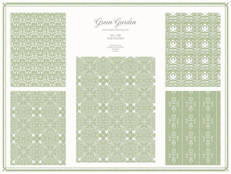 May include: A collection of green and white patterned designs, including floral and geometric motifs. The text "Green Garden" and other details are displayed. The designs are suitable for stationery or digital art projects.