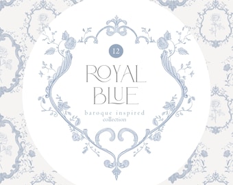 Baroque Inspired Line Art Royal Blue Clipart Set with Seamless Patterns, Baroque Frames, Rococo Frames - Roses - Floral Vintage Collection
