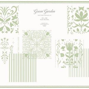 May include: A collection of hand-drawn stationery art in a soft green hue, featuring floral and botanical designs. The designs include various flower and leaf patterns, along with vertical striped elements. The text "Green Garden" is displayed at the top.