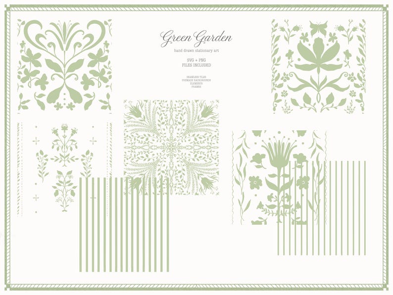 May include: A collection of hand-drawn stationery art in a soft green hue, featuring floral and botanical designs. The designs include various flower and leaf patterns, along with vertical striped elements. The text "Green Garden" is displayed at the top.