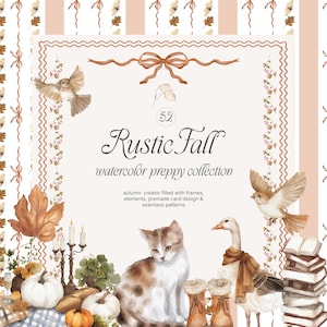 Puede incluir: Ilustración en acuarela con el texto "Rustic Fall watercolor preppy collection". La imagen presenta un gato, un ganso, calabazas, pájaros y botas. El diseño incluye elementos y marcos de otoño.