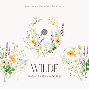 Aquarela Flores Silvestres da Primavera - Aquarela Lavanda Silvestre - Flor Silvestre da Páscoa - Buquês de Flores - Padrões - Coroas de Flores