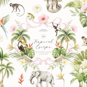 Puede incluir: Ilustración en acuarela de temática tropical con varios animales y plantas. Incluye un loro, un tucán, un mono, un perezoso, un elefante y un leopardo. También está presente el texto "Tropical Escape Watercolor Collection".