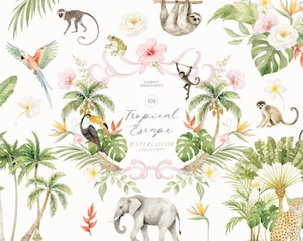 May include: Watercolor illustration of a tropical theme with various animals and plants. Includes a parrot, toucan, monkey, sloth, elephant, and leopard. The text "Tropical Escape Watercolor Collection" is also present.