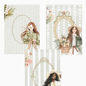 May include: Three printable cards with a cottagecore theme. Each card features a woman in a hat and a floral background. The first card has a gingham pattern, the second has a striped pattern, and the third has a floral pattern. The text "Cottage Heart" is at the top of the image.