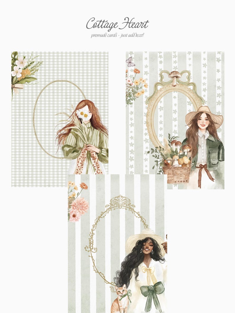 May include: Three printable cards with a cottagecore theme. Each card features a woman in a hat and a floral background. The first card has a gingham pattern, the second has a striped pattern, and the third has a floral pattern. The text "Cottage Heart" is at the top of the image.