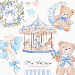 Aquarelle bleue fantaisiste & Clipart nounours encre - Clipart carrousel - nounours bleu poussière - motifs aquarelle bleu