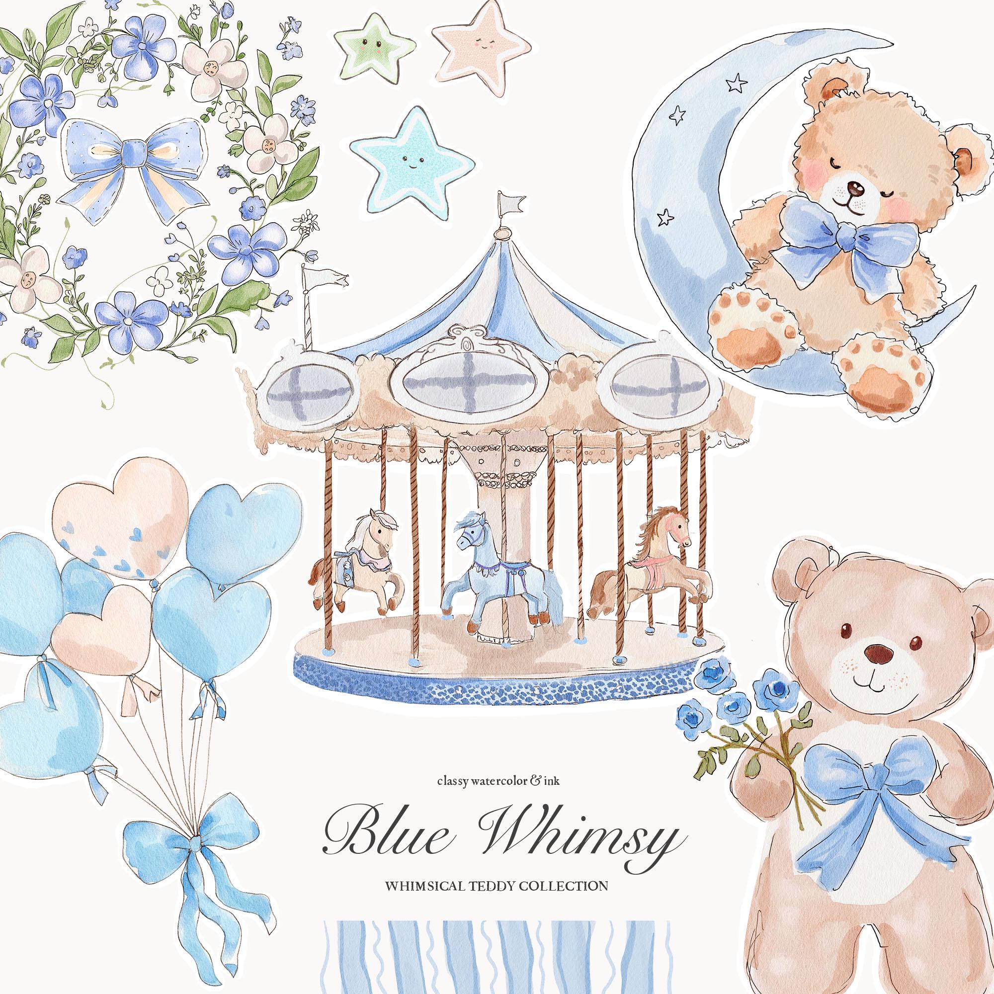 Whimsical Blue Watercolor & Ink Teddy Bear Clipart - Carousel Clipart ...