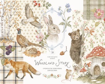 May include: A collection of woodland-themed illustrations featuring a rabbit, bear cub, fox, pheasant, and mouse. The text reads 78 ready made prints included, Woodland Story, A nostalgic storybook collection, with floral and plaid patterns.