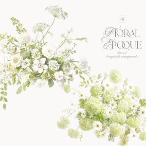 Pu&ograve; includere: Due composizioni floreali con fiori bianchi e verde chiaro, fogliame e steli. Il testo Floral Epoque line art bouquets & arrangements &egrave; stampato con un carattere decorativo sopra il bouquet inferiore su uno sfondo bianco.