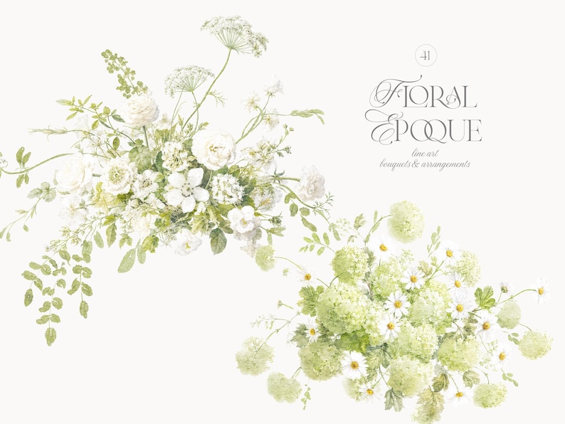 Pu&ograve; includere: Due composizioni floreali con fiori bianchi e verde chiaro, fogliame e steli. Il testo Floral Epoque line art bouquets & arrangements &egrave; stampato con un carattere decorativo sopra il bouquet inferiore su uno sfondo bianco.