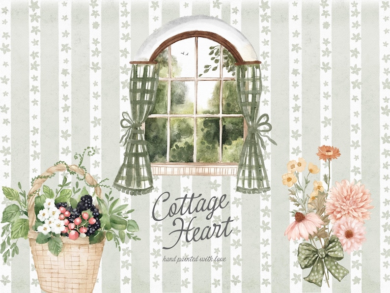 May include: Watercolor illustration of a cottage window with green and white checkered curtains, a basket of berries and flowers, and the text "Cottage Heart" with the words "hand painted with love" below.