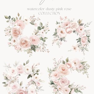 May include: Four watercolor illustrations of dusty pink roses with green leaves and white flowers. The illustrations are arranged in a square pattern. The text "Dusty Rose" and "watercolor dusty pink rose collection" is at the top of the image.