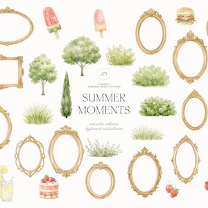 Puede incluir: Ilustraci&oacute;n en acuarela con marcos dorados ornamentados, delicias de verano como helados y una hamburguesa, y vegetaci&oacute;n. El texto "SUMMER MOMENTS" tambi&eacute;n est&aacute; presente. Incluye elementos y marcos prefabricados para tarjetas.