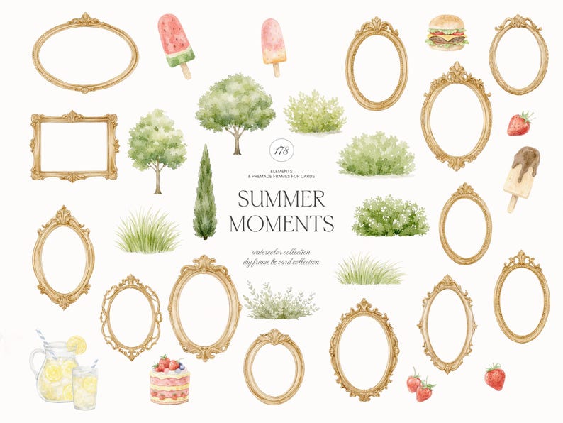 Puede incluir: Ilustraci&oacute;n en acuarela con marcos dorados ornamentados, delicias de verano como helados y una hamburguesa, y vegetaci&oacute;n. El texto "SUMMER MOMENTS" tambi&eacute;n est&aacute; presente. Incluye elementos y marcos prefabricados para tarjetas.