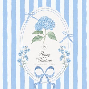 Aquarelle bleue Chinoiserie BCBG Clipart Collection - hortensia bleu - fleurs vintage - cartes préfabriquées - noeuds bleu preppy