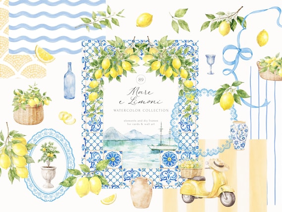 Watercolor Italian Lemon and Seaside Summer Clipart Collection