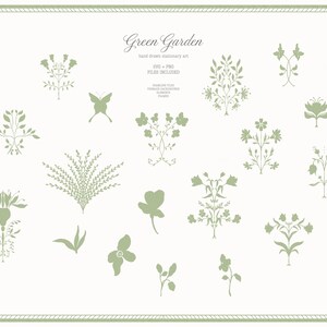 May include: A collection of hand-drawn stationery art elements in a soft green hue, including floral and botanical designs, a butterfly, and various leaf and flower illustrations. The text "Green Garden" is displayed at the top.