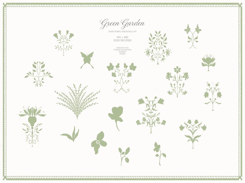 May include: A collection of hand-drawn stationery art elements in a soft green hue, including floral and botanical designs, a butterfly, and various leaf and flower illustrations. The text "Green Garden" is displayed at the top.