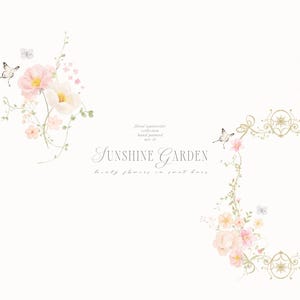 May include: Watercolor illustration featuring floral arrangements with pink and white flowers, butterflies, and decorative gold frames. The text "Sunshine Garden" is also present.