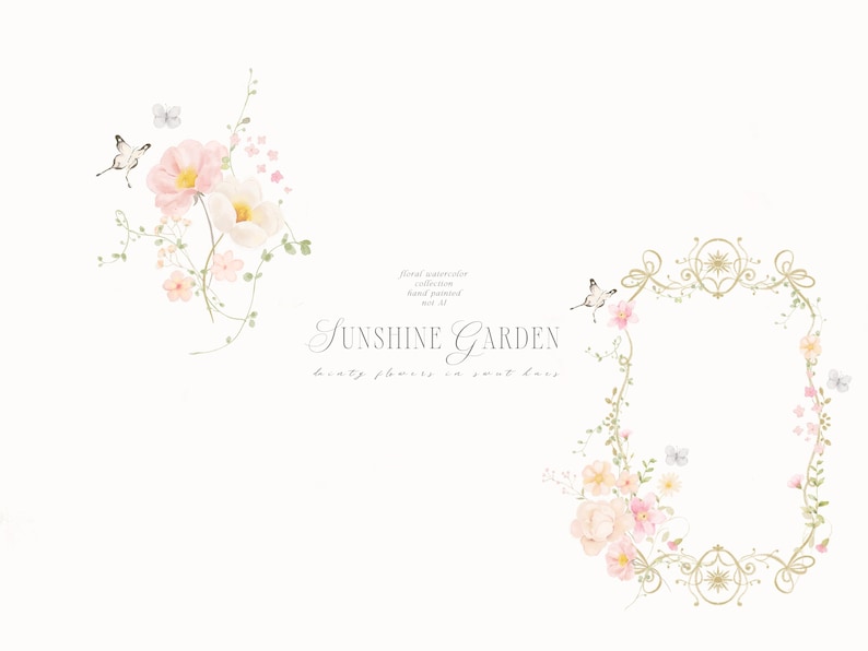 May include: Watercolor illustration featuring floral arrangements with pink and white flowers, butterflies, and decorative gold frames. The text "Sunshine Garden" is also present.