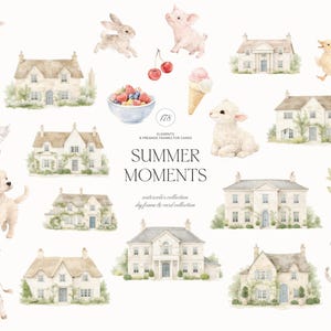 Puede incluir: Ilustraciones en acuarela de animales de granja, casas y alimentos. La imagen incluye un cordero, un cerdo, un conejo, cerezas, un cono de helado y un cuenco de bayas. Tambi&eacute;n est&aacute; presente el texto "SUMMER MOMENTS".