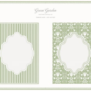 May include: Two stationery cards with a green and white color scheme. One card has vertical stripes, and the other has a floral pattern. Both cards have a white, scalloped frame for text. The words "Green Garden" are at the top.