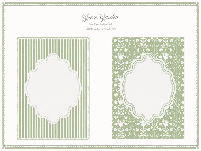 May include: Two stationery cards with a green and white color scheme. One card has vertical stripes, and the other has a floral pattern. Both cards have a white, scalloped frame for text. The words "Green Garden" are at the top.