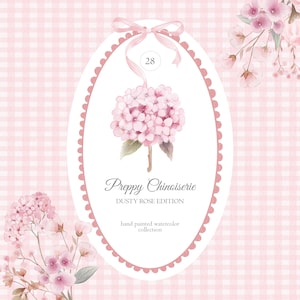 Clipart floreale vintage con rosa antico e acquerello preppy chinoiserie - Ortensia rosa antico - Rosa antico - Set di clipart Grandmillenial - Vintage
