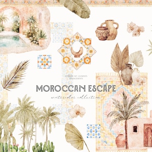 Puede incluir: Ilustración en acuarela titulada "Moroccan Escape" con varios elementos. Incluye palmeras, cerámica, una piscina y detalles arquitectónicos en tonos cálidos y terrosos. Azulejos decorativos y acentos florales realzan la estética.