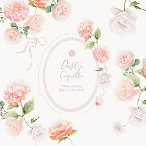 Clipart di civetta floreale rosa antico - Elementi e composizioni floreali - Nastri rosa - Mazzi di fiori - Cornici preppy - Line art
