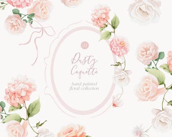 Dusty Pink Floral Coquette Clipart - Floral Elements & Arrangements - Blush Ribbons - Flower Bouquets - Preppy Frames - Line Art