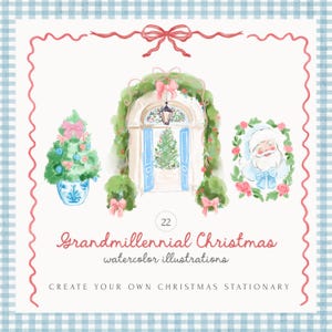 Ensemble de cliparts peints à la main grand millénaire à l'aquarelle - Noël BCBG - Père Noël BCBG - Chinoiseries Noël - Noël vintage