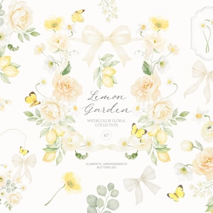 May include: Watercolor floral collection featuring lemon-yellow roses, daisies, and butterflies. The design includes a wreath, individual elements, and bows. The text "Lemon Garden" is visible. The overall theme is a spring or summer floral design.