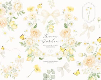 Watercolor Lemon and Yellow Flowers Garden Clipart Collection with Butterflies