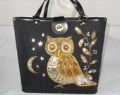 1960s Vintage Jeweled Owl Black Canvas Bucket Style Purse with Moon and Stars