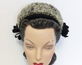 1940s Vintage Black Felt Pillbox Hat with Gray Curly Lamb and Jeweled Studs by New York Creation, 40s Women 39 s Clothing, WWII Era Pin Up Glam
