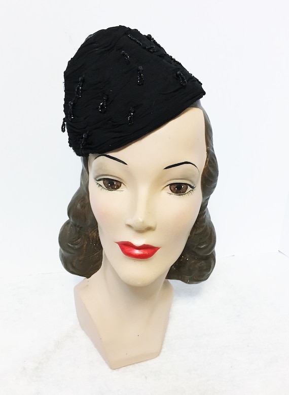 1930s Vintage Toy Tilt Hat, Black Silk Chiffon wi… - image 3