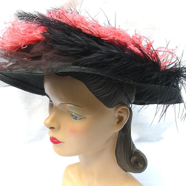 RESERVED 50's Does Edwardian Wide Brim Straw Hat with Feathers