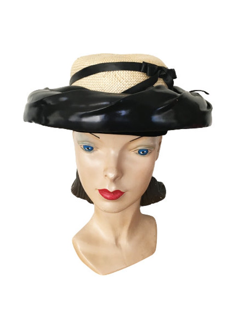 1960s Vintage Straw and Black Patent Leather Hat by Vogue Hats Etsy