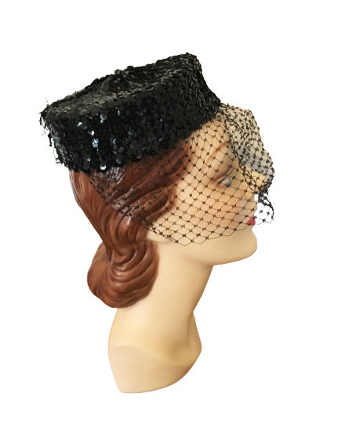 1960s Vintage Black Pillbox Hat Covered in Sequins with Veil Etsy