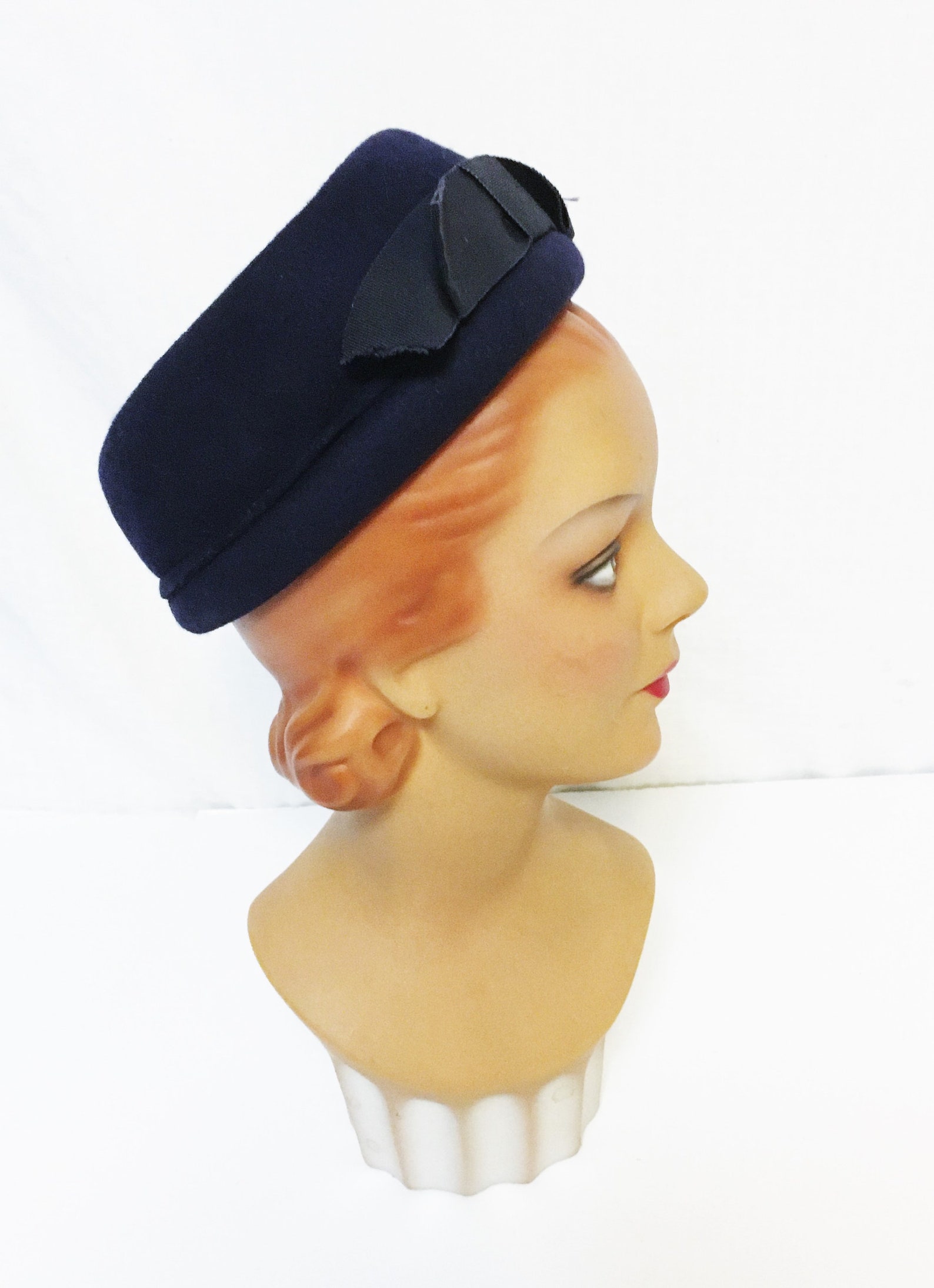 1960s Vintage Navy Blue Felt Pillbox Hat with Grosgrain Bow Etsy