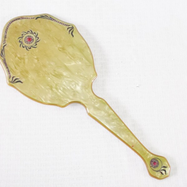 20s 30s Vintage Art Deco Green Marbled Vanity Mirror with Red Rhinestones