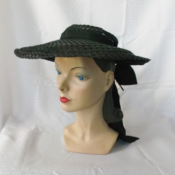 1940's Vintage Open Crown Wide Brim Black Sheer Hat New York Creation 22