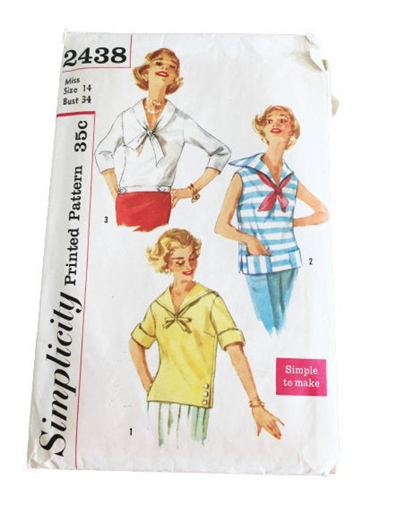 read description 1958 Simplicity 2438 Women\u2019s Overblouse sewing pattern-Size 14 Bust 34\u201d-INCOMPLETE Vintage ca