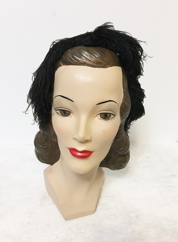 1940s Vintage Black Ostrich Feather Headband Hat w